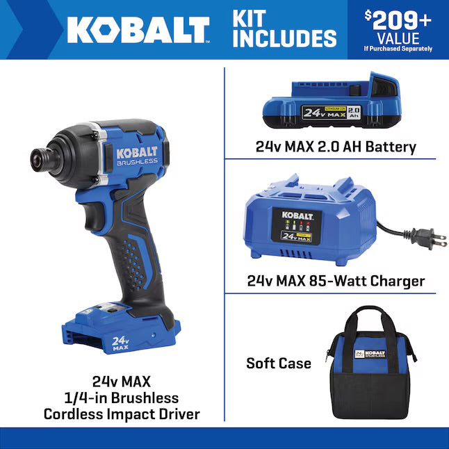 Kobalt 24-volt 1/4-in Brushless Cordless Impact Driver (Battery Included and Charger Included and Soft Bag included)