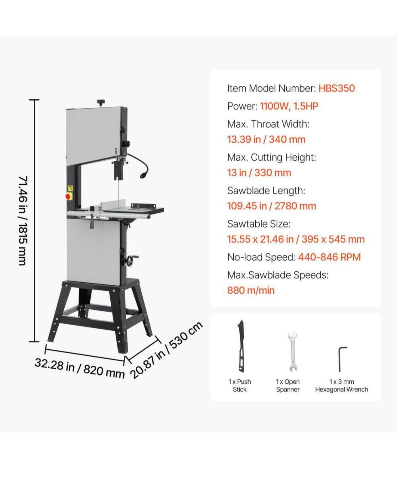 Band Saw, 440-846 RPM, 1100W, 1-1/2HP, 110-V, with Stand, Work Light, 109.45 in. Steel Power Tool for Metal Flooring