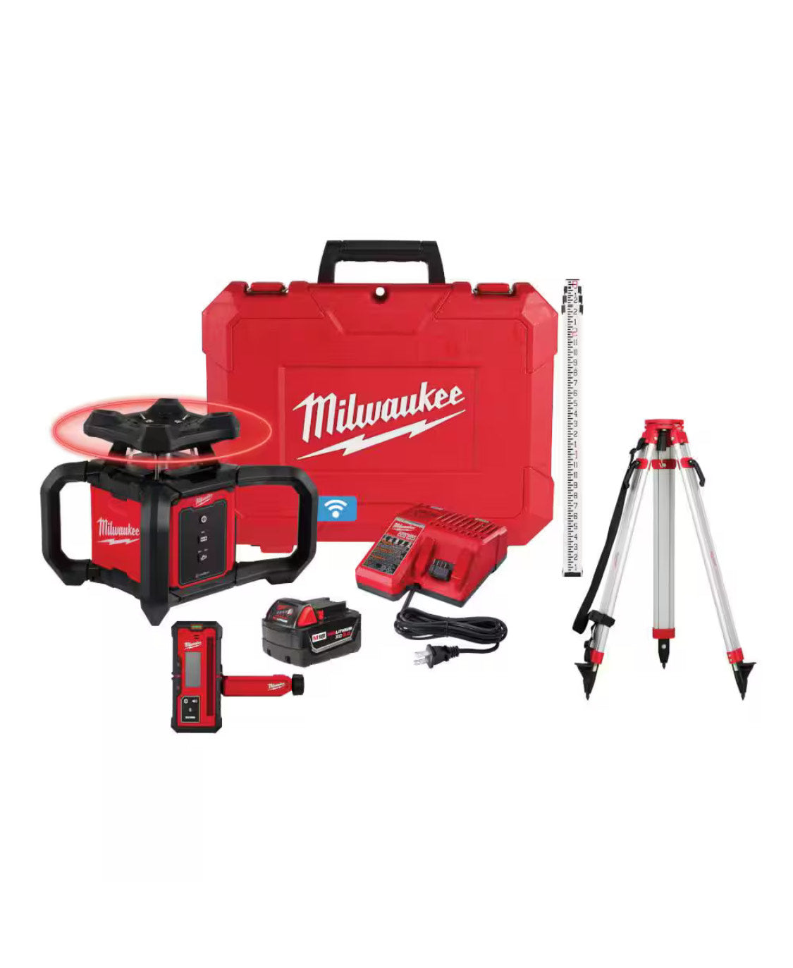 Kit de nivel láser giratorio exterior rojo M18 de 2000 pies con receptor, abrazadera para receptor, trípode y mira de nivelación