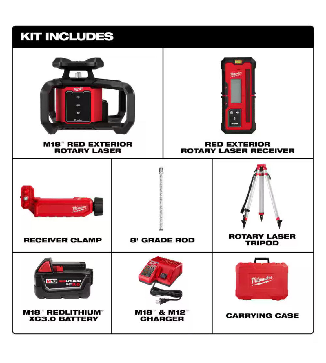 Kit de nivel láser giratorio exterior rojo M18 de 2000 pies con receptor, abrazadera para receptor, trípode y mira de nivelación