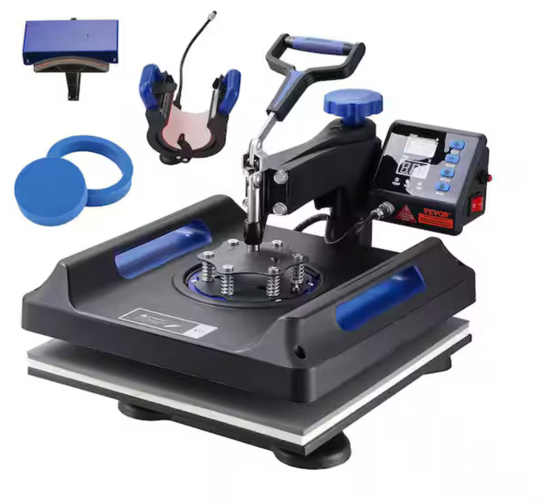 Máquina de prensado en caliente profesional 5 en 1, impresora de transferencia de vinilo por sublimación digital Swing Away de 360 grados, de 15 x 15 pulgadas, color azul
