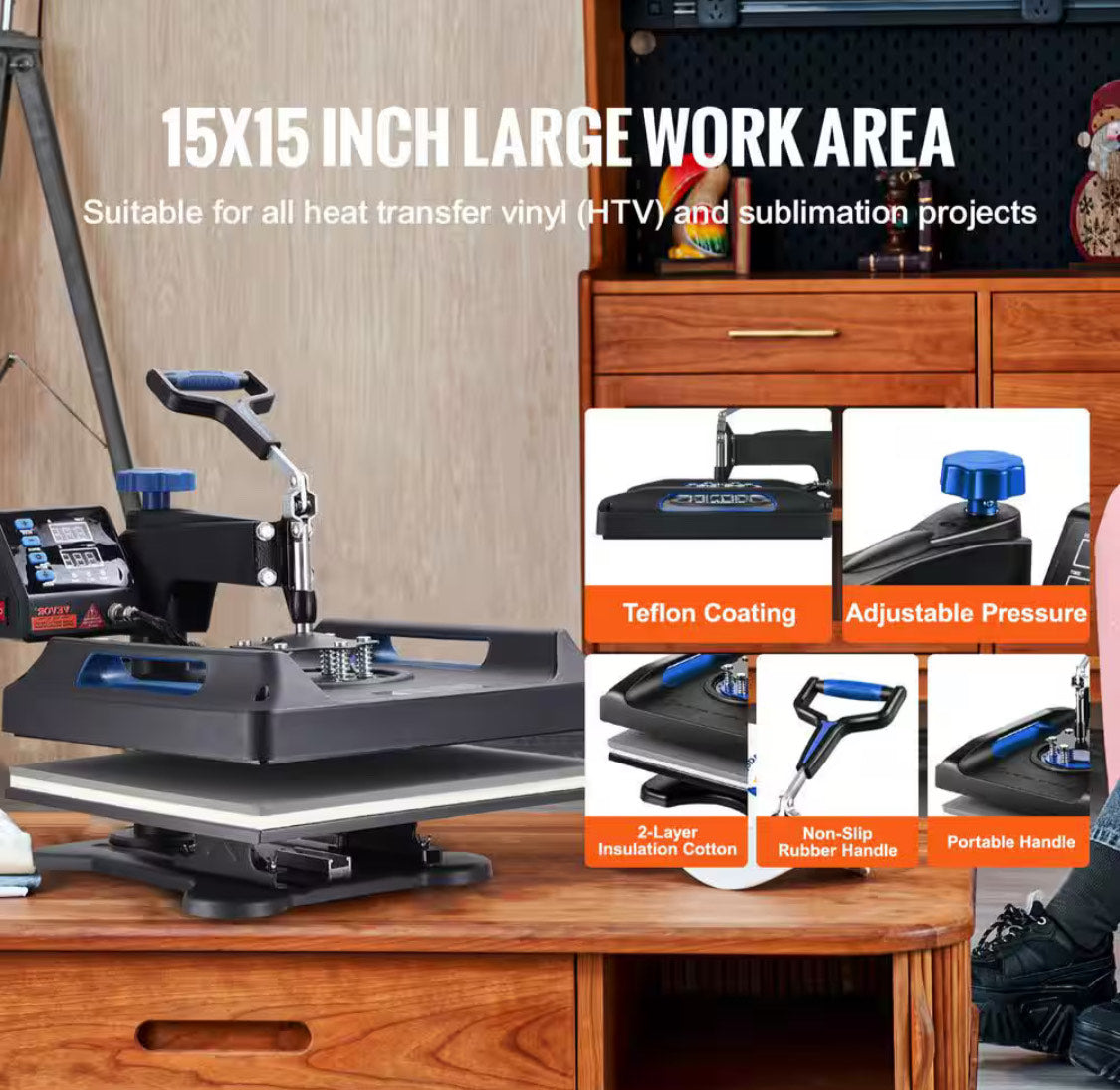 Máquina de prensado en caliente profesional 5 en 1, impresora de transferencia de vinilo por sublimación digital Swing Away de 360 grados, de 15 x 15 pulgadas, color azul