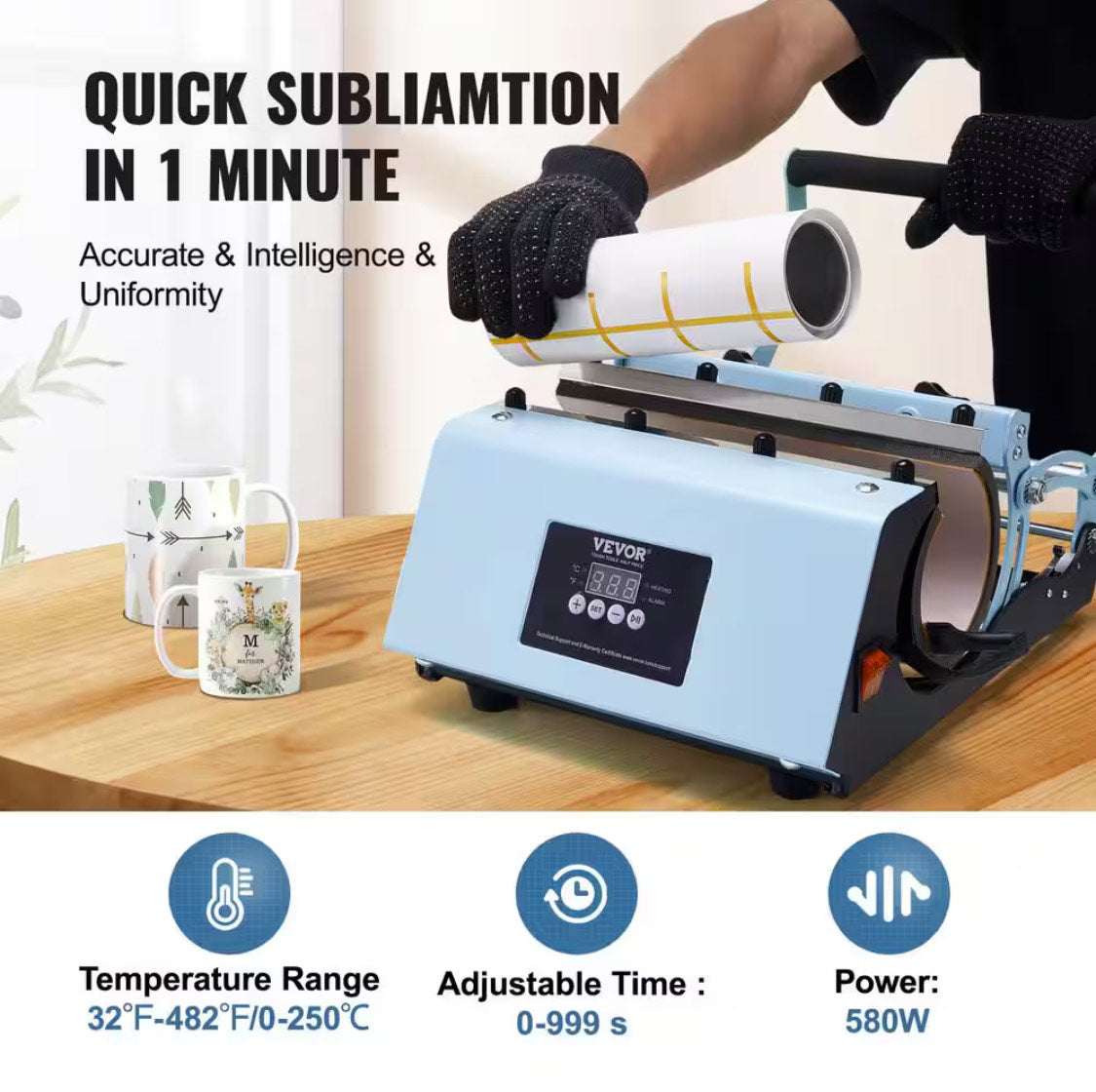 Tumbler Heat Press Machine, 11-30 oz Mug Press, Fast & Even Heating, Tumbler Press with Sublimation Paper, Tape & Gloves