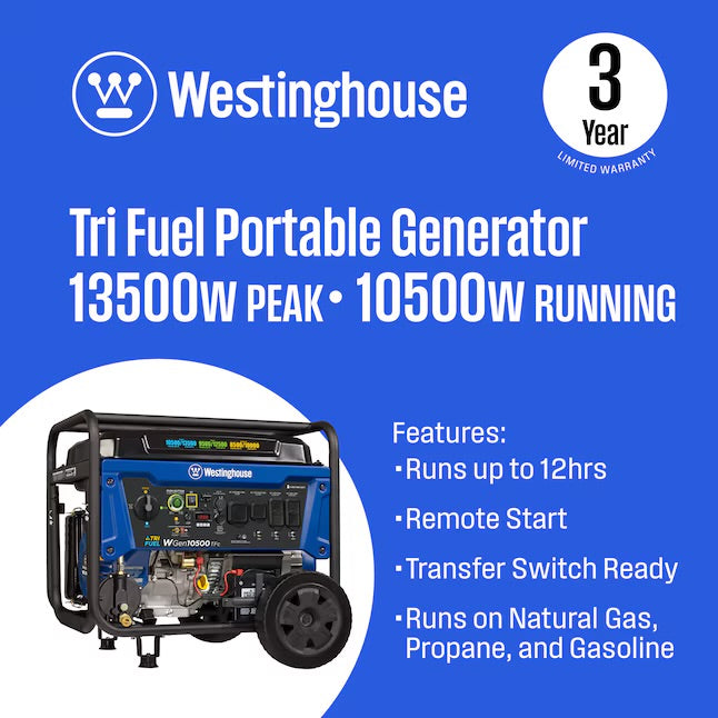 Westinghouse WGen10500TFc Remote Electric Start 13000 / 10500 -Watt Tri fuel Portable Generator
